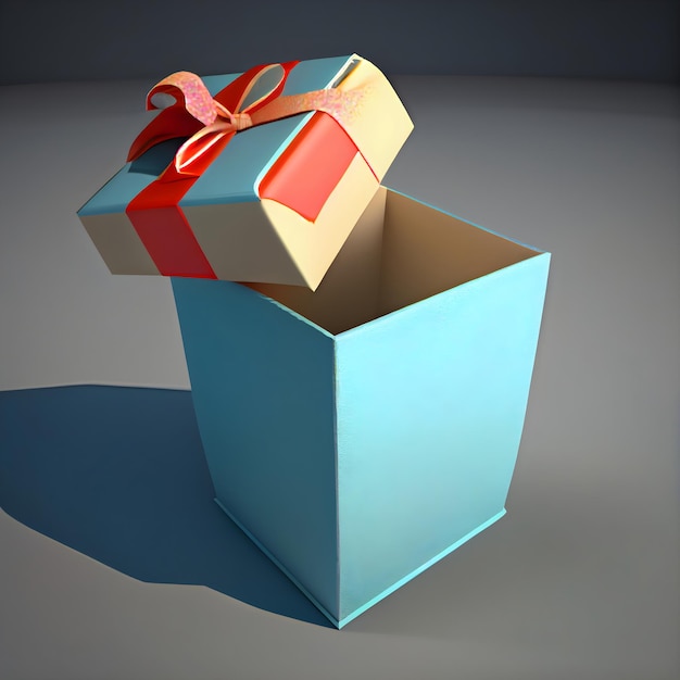 Foto confezione regalo aperta con nastro rosso su sfondo grigio rendering 3d