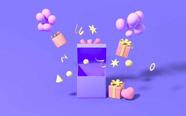 Фото Открытые подарки и воздушные шары с фиолетовым фоном 3d-рендеринга