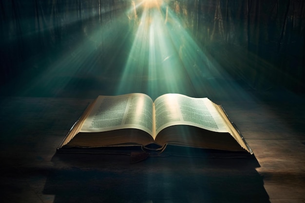 Open glowing book magical book spell book with light shining on it