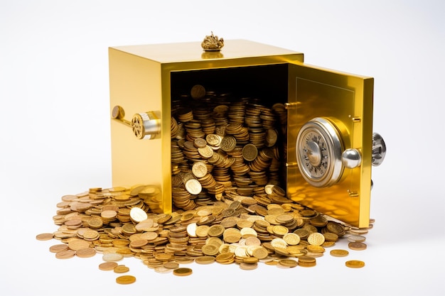 Photo open golden safe with lots of coins