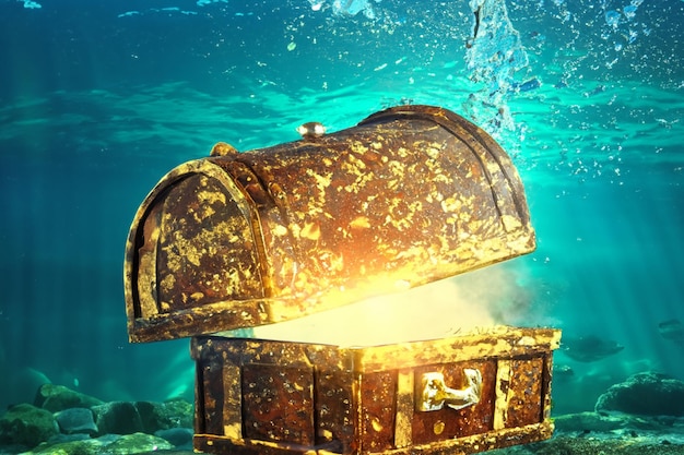 Photo open golden shining treasure chest under the blue ocean