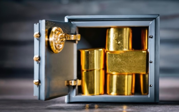 Photo open gray safe with gold bars