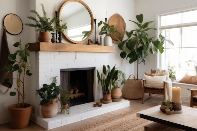 Open haard met spiegel en planten in een moderne woonkamer gemaakt met behulp van generatieve AI-technologie
