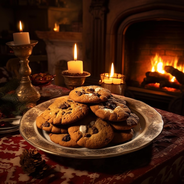 open haardscène met een bord versgebakken kerstkoekjes