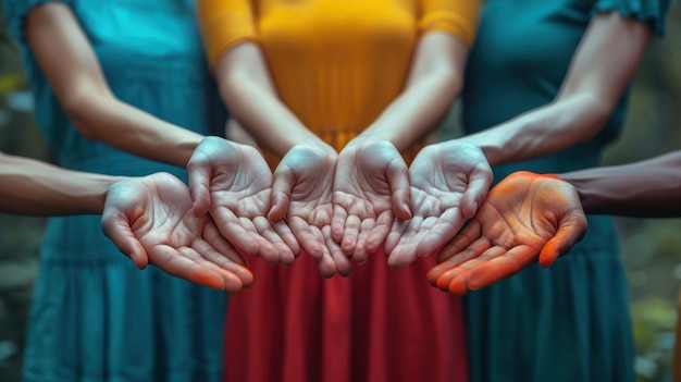 Foto open handpalmen van verschillende vrouwen in jurken als een teken van goede bedoelingen en eenheid van de volkeren