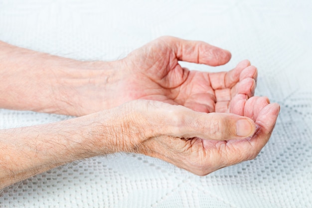 The open hands and palms of an old man