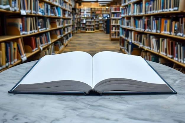 Open Hardcover Book on White Marble Table Inside a Library with Bookshelves in the Background