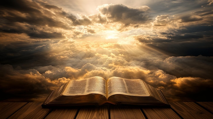 Photo open holy bible on wooden surface with dramatic sunset sky background