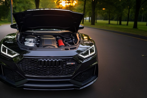 Open hood of a black modern car Frontal view Cam