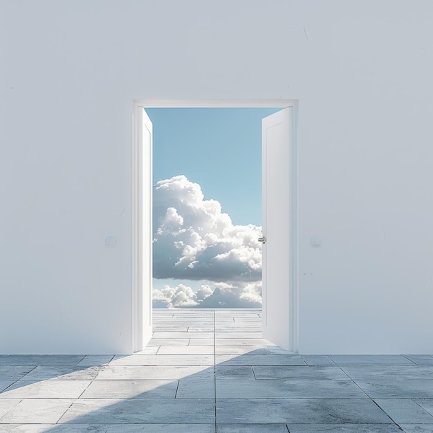 Open houten deurframe met blauwe lucht en wolken