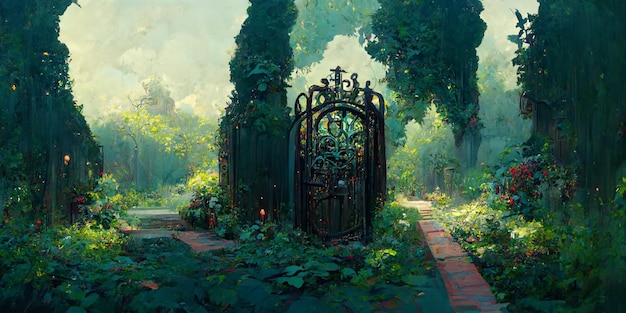 An open iron gate leads to a charming secret garden surrounded\
by ivy covered trees, 3d rendering.