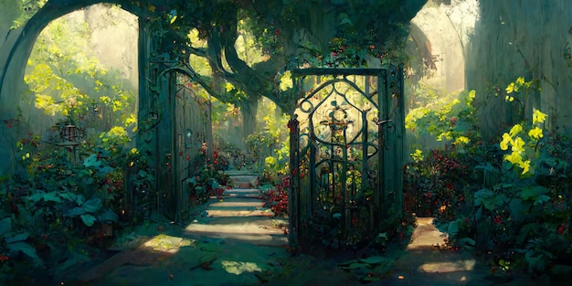 Photo an open iron gate leads to a charming secret garden surrounded by ivy covered trees, 3d rendering.