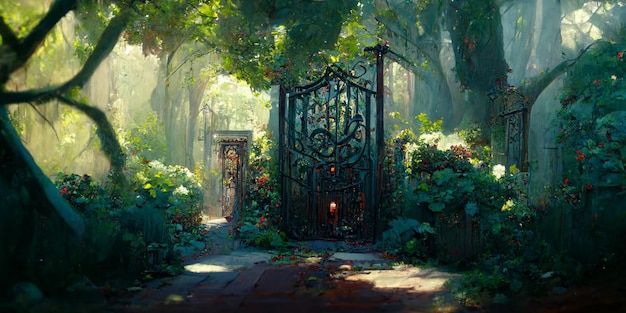 An open iron gate leads to a charming secret garden surrounded by ivy covered trees, 3D rendering.