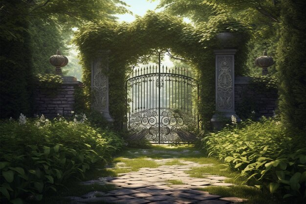 Premium AI Image | An open iron gate leads to a charming secret garden