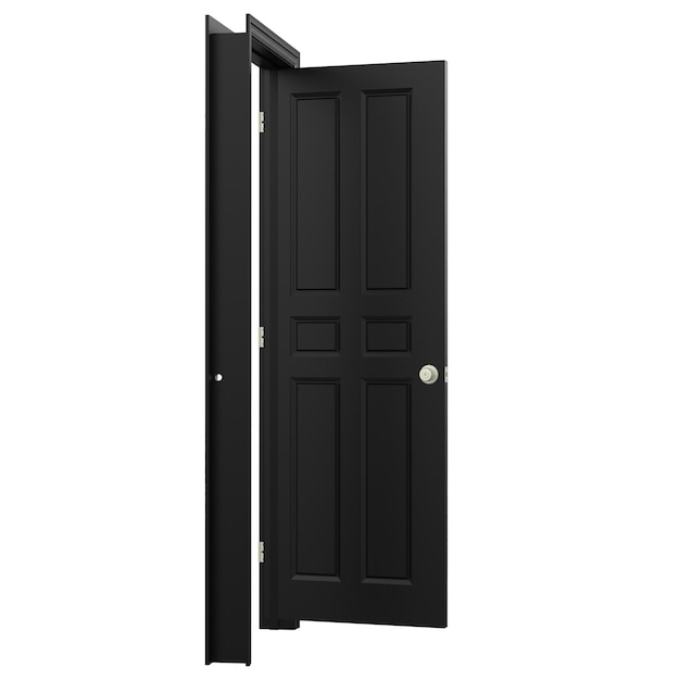 Фото Открытая изолированная черная дверь закрыта трехмерным рендерингом иллюстрации