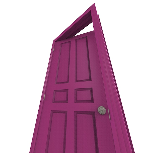 Фото Открытая изолированная розовая дверь закрыта трехмерным рендерингом иллюстрации