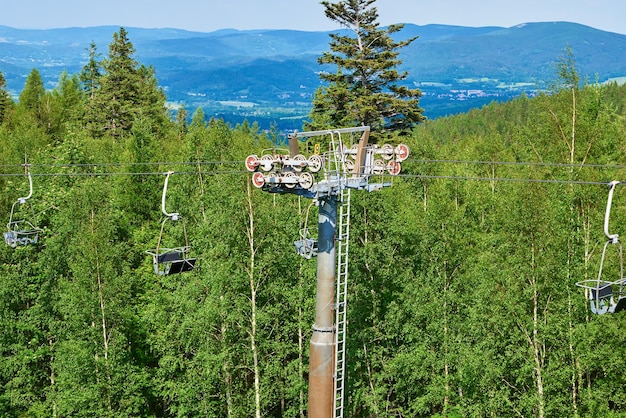 Open kabelbaan lijn karpacz resort in polen met lift weg stoeltjeslift tegen groene bosbomen fam