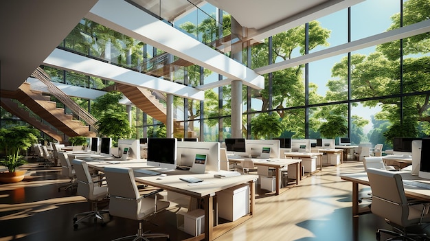 Open kantoorhoek met een betonnen vloer, hoge ramen en rijen computertafels.