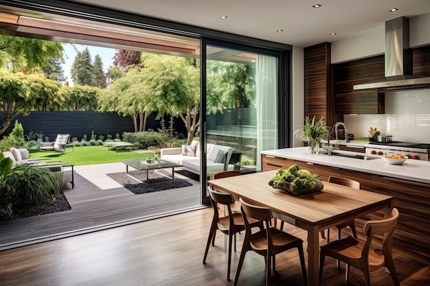 Foto open keuken met uitzicht op de tuin met grote tafel en licht terras