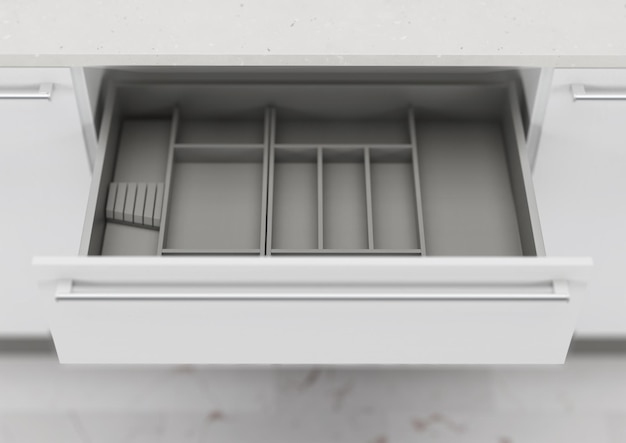 Open keukenlade met kookgerei. Opslag en organisatie van de keuken. 3D-rendering.