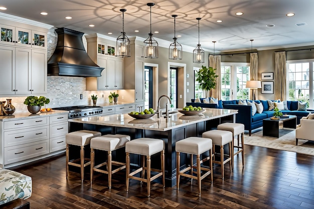 open kitchen design with a central cooking island surrounded by comfortable seating options