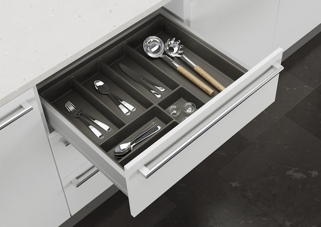 Open kitchen drawer with cooking utensils. Storage and organization of the kitchen. 3d rendering.