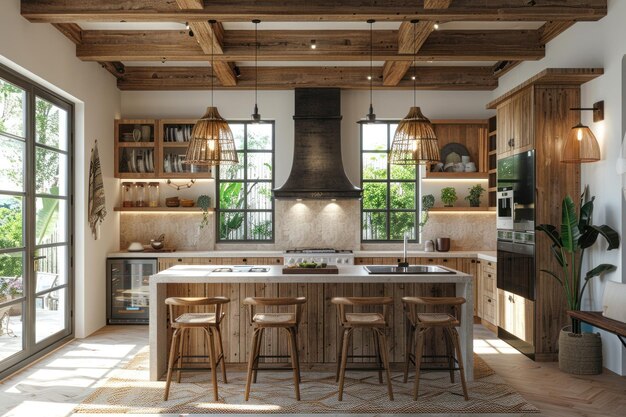 an open kitchen is shown varying wood grains lively tableaus