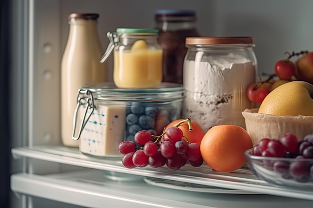 Open koelkast vol met verschillende verse producten vers fruit en groenten afbeelding gegenereerd door AI