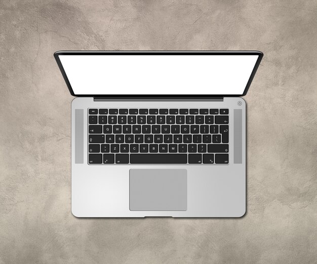 Open laptop bovenaanzicht met leeg scherm op betonnen bureau. 3D render illustratie