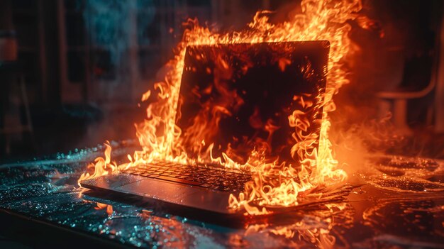 Photo an open laptop burning in a fire closeup