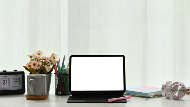 Open laptop on a desk at home