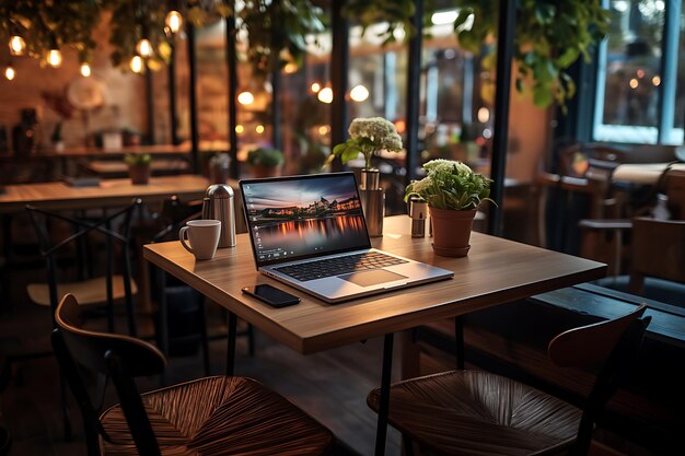 open laptop and mobile phone on the table with growing Up graphic Photo of a workspace AI generate