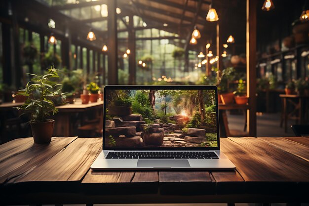 Photo open laptop and mobile phone on the table with growing up graphic photo of a workspace ai generate