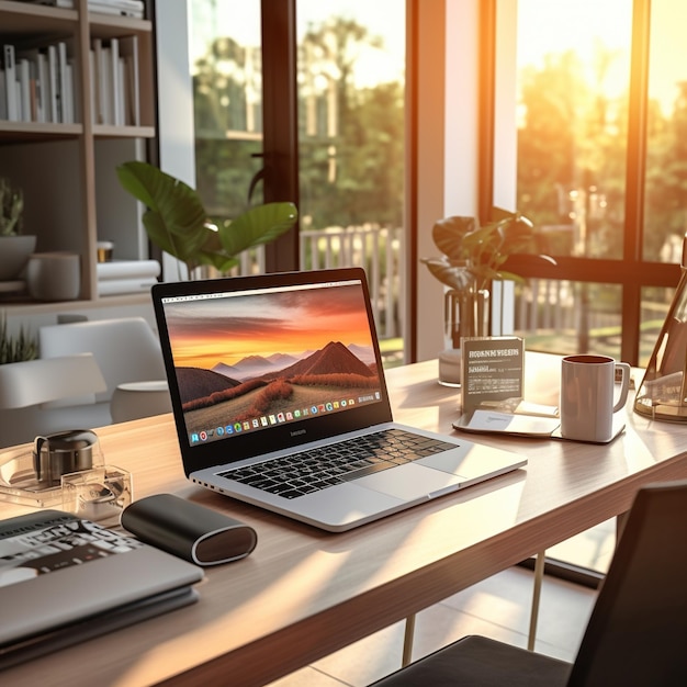 An open laptop sits on a desk in front of a large window