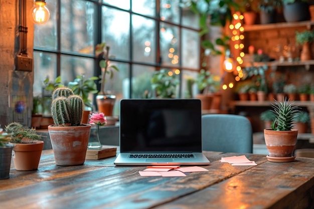 an open laptop stands on the desktop in the home interior