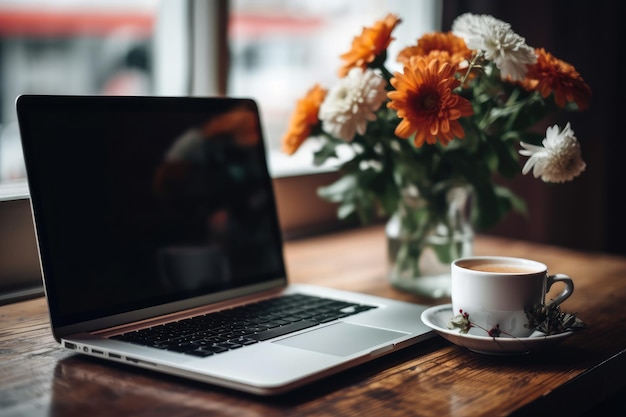 Open Laptop With Coffee And Flowers On Table Generative AI