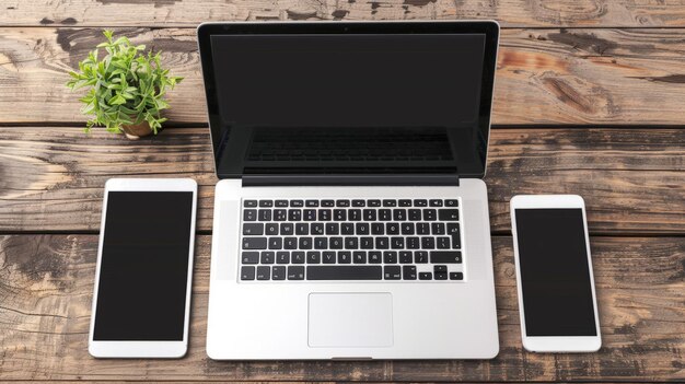 Open laptop with digital tablet and white smartphone All with isolated screen on old wooden desk