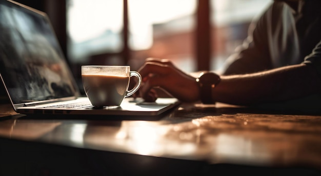 開いたラップトップと横に座る男性と一杯のコーヒー