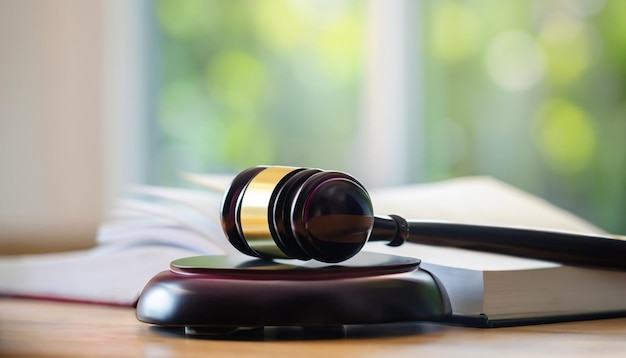 Open law book with a wooden judges gavel on table in a courtroom or law enforcement office