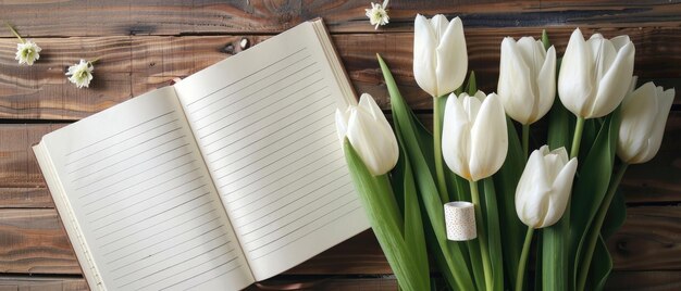 open leeg mockup notitieboek met bloeiende witte tulpen bloemen en heldere band naast het liggen