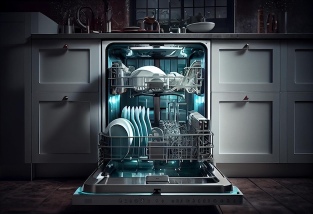 Open lege afwasmachine in een moderne keuken Geïntegreerde afwasmaatschappij met laden