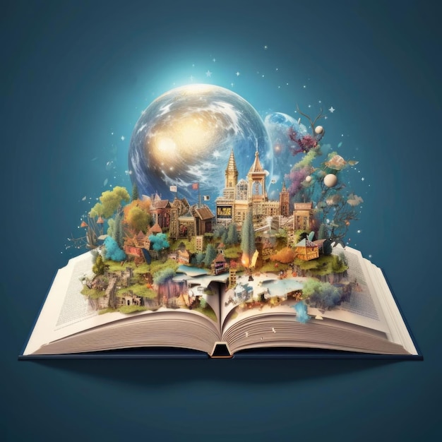 마법 책 개념을 열어 물과 땅으로 페이지를 열어 자연 또는 학습 개념에 대한 판타지