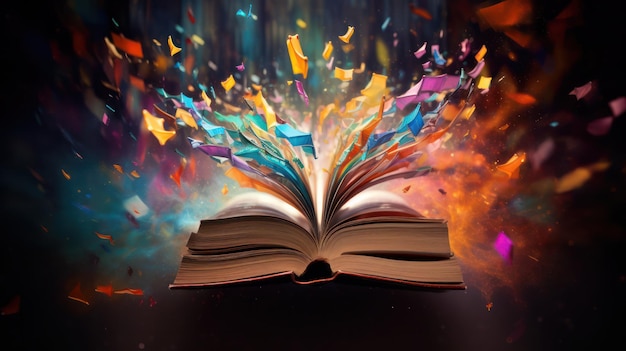 Open magic book with glowing lights on dark background