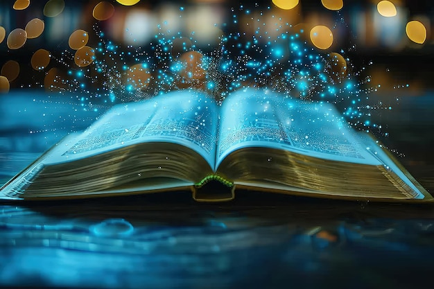 Open magic book with glowing pages