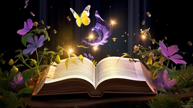 Open magic book with growing lights magic powder