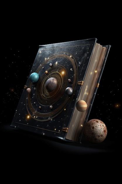 Open magic book with planets and galaxies levitation