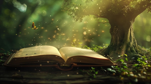 Откройте волшебную книгу у старого дерева с светящимися огнями и бабочкой в мистической лесной обстановке