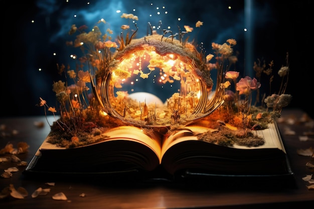 Open magical book that contains fantastic stories Reading books and literature allows you to plunge into world of imagination opens boundaries for fantasy to build your own world