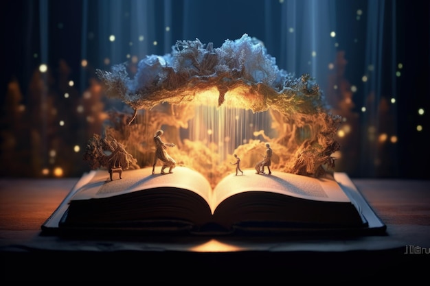 Open magical book that contains fantastic stories Reading books and literature allows you to plunge into world of imagination opens boundaries for fantasy to build your own world