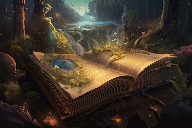 Open magical book with fantasy landscape over pages Created with Generative AI